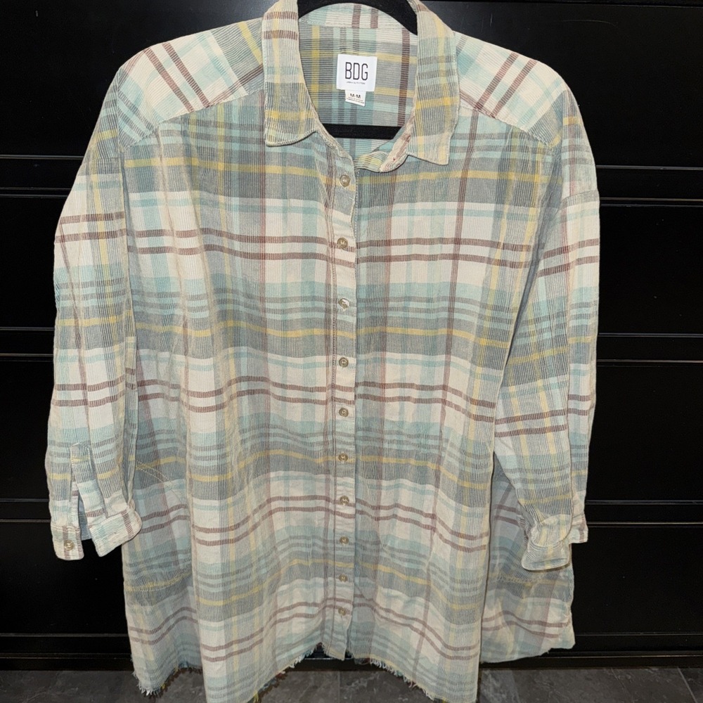 BDG Urban Outfitters Women's Plaid Corduroy M Shirt Jacket Oversize Fringe Hem